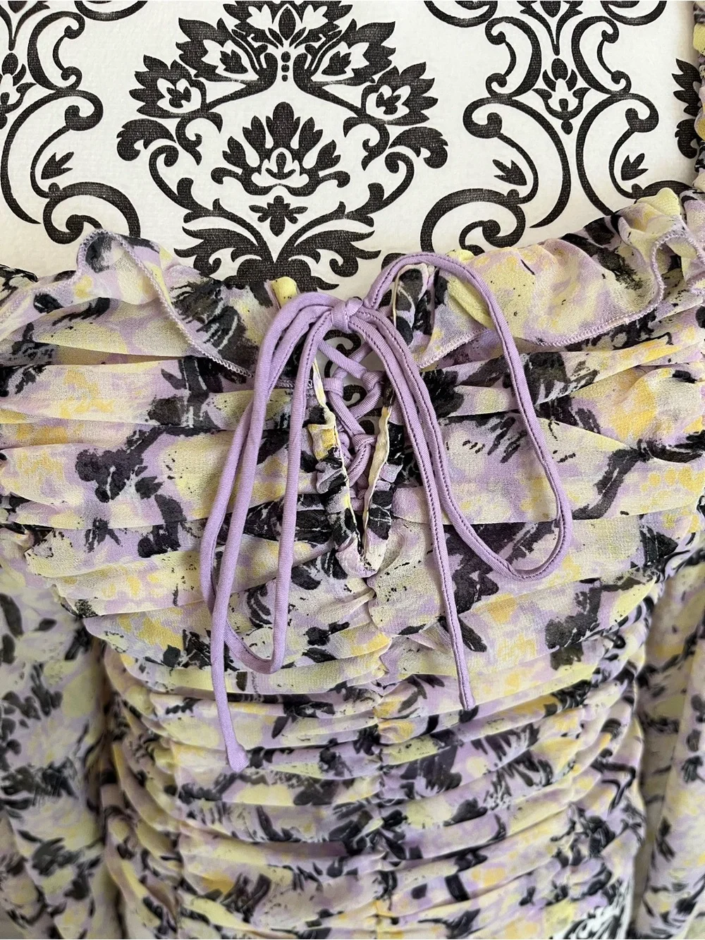 Free People | Lavender Floral Ruffle Smocked Puff-Sleeve Top